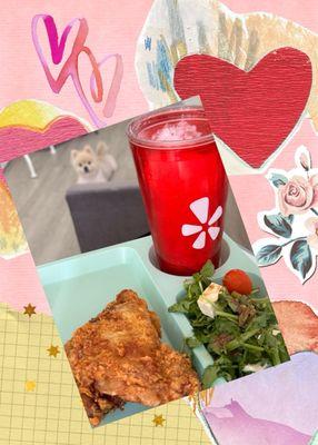 Foodland fried chicken thigh, tofu watercress salad w/Pietro dressing & beverage in Yelp cup