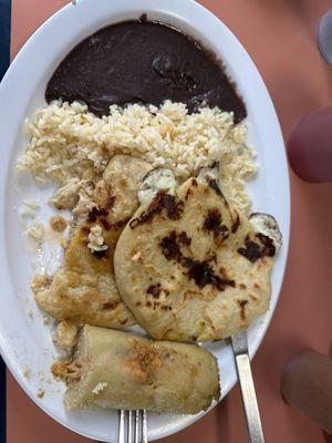 Zucchini pupusa and cheese. Rice and beans.