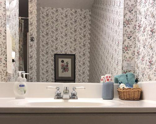 Bathroom sink with toiletries in the basket and Dixie cups Room 1 (Yellow Room)