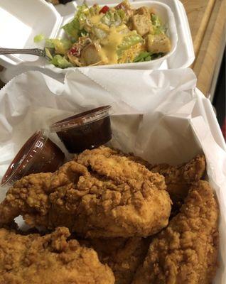 5 piece chicken tenders with side salad-cooked when ordered so they come out hot and fresh!