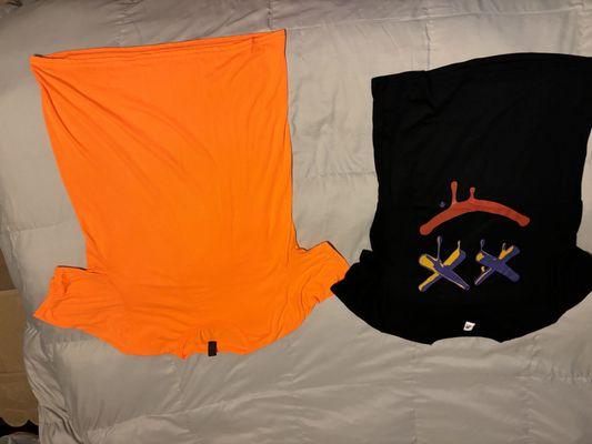 Plain orange ladies fitted medium, compared to their alleged ladies large. They sent a child's large.