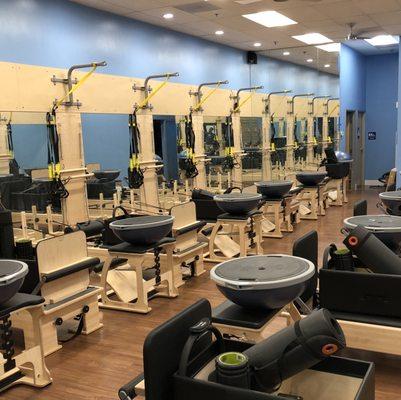 Our studio offers 12 stations with a reformer, springboard, mat, and other pieces of equipment.