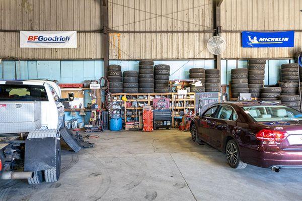 This is a photo showing our work area and tires!