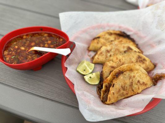 Fried birria tacos with consomé