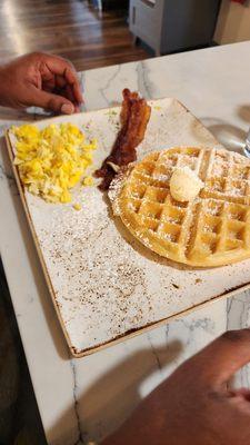 Tri- fecta  eggs, bacon, waffle