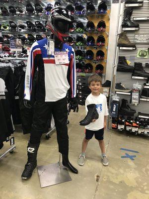 Junior learning about customer service, great new boot styles and Sedici ADV jackets. Like kids in a candy store ha.