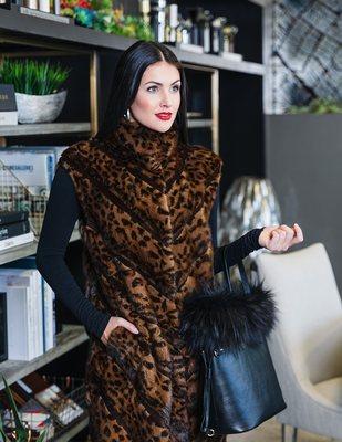 Animal Print MINK Long Vest & ECO LEATHER w/FOX Trim Neverfull Bag