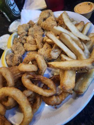 Catfish Dinner with Fries & Onion rings.