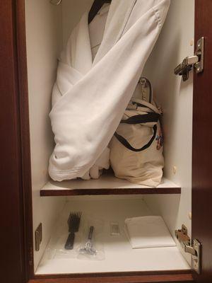 Closet with robe, brush, Razor, qtips, and plastic bag included