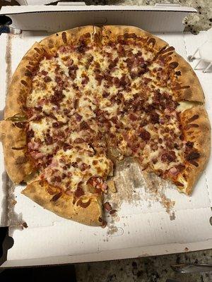 The infamous 14" 14" Hawaiian Pizza with "cheesy crust". Doesn't look bad til you get to the middle!