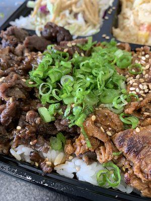 Combination Plate: Wagyu Beef Teriyaki, Kurobuta Pork, coleslaw and macaroni salad.