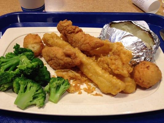 Fish & Chicken with baked potato and broccoli