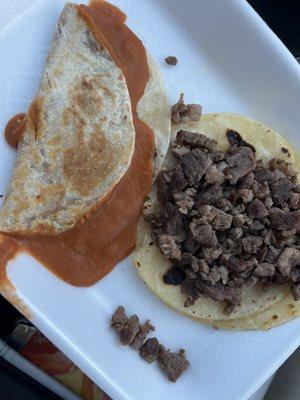 Carne taco, and a bean taco. Beans had no flavor to me, and were a strange orange red color. Steak had a lot of fatty pieces for my liking.