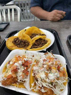 Plain carne asada tacos and fish tacos.