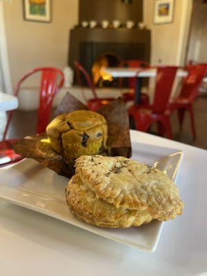 Vegan pumpkin chocolate chip muffin & Vegan red pepper pastry.