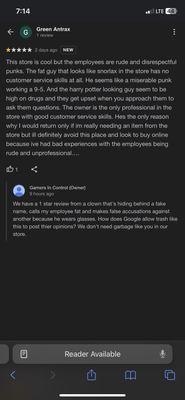 Rude unprofessional owner responding to my google review.