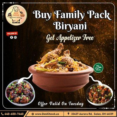 Buy family pack biryani and get an appetizer free on Tuesdays

#desichowksolon #solon #foodies #cleveland