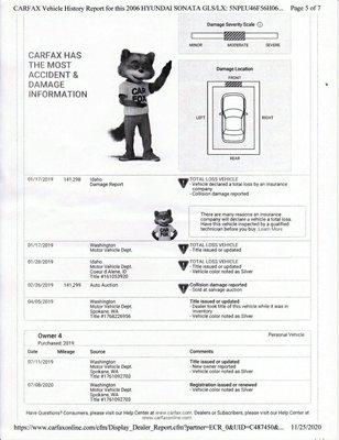 Carfax showing the accident date and TOTAL LOSS that D&C Auto Sales did not disclose to their consumer when purchasing their car.