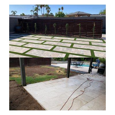 Travertine and turf and planters