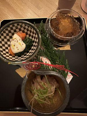 Octopus, sunchoke, and shiitake. Persimmon and chrysanthemum shirae. Kanpachi namero