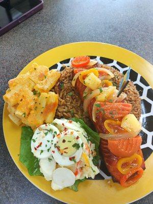 Steamed Salmon  Coconut rice  Potato salad  Baked Mac and cheese