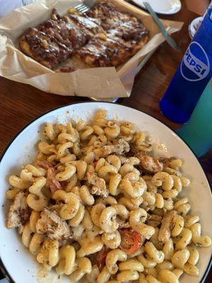 Snakebite pasta and Hawaiian flatbread