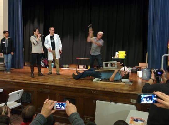 Science night at West Portal! Demonstration of physics using a bed of nails.