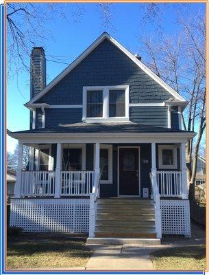 James Hardie-Fiber Cement-Siding-Deep Ocean Blue with Staggered Shingle Accent-White Trim-Oak Park