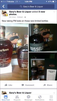 Example of gouging customers by soliciting silent "bids" for allocated bourbon on their FB page. Unethical if not illegal.