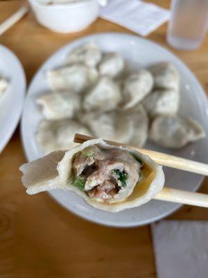 Pork, Shrimp, Egg, & Chive Dumpling ($11.99 for 14) cross section