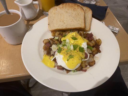 Homemade Corned Beef Hash with Poached Eggs and sourdough bread