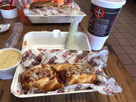 Sweet and spicy meatball sub, loaded potato soup and a peach raspberry mellow yellow!!