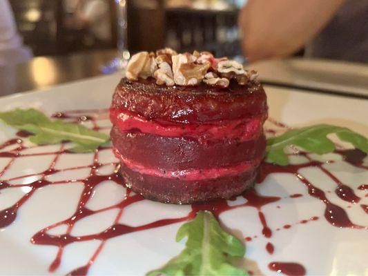 Beet & Goat Cheese Gateau, beautifully presented.