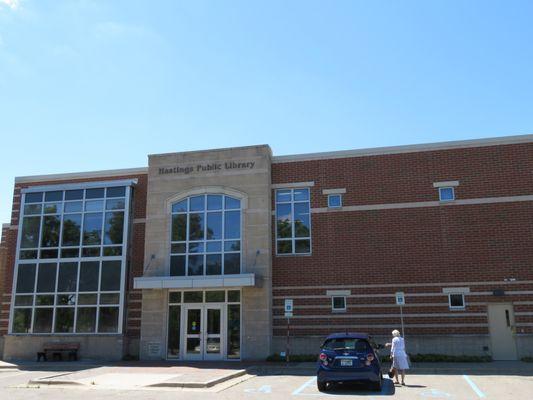 North entrance, parking lot and rain garden.