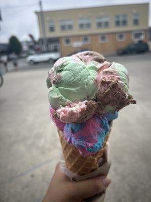 Double scoop waffle cone. Cotton candy and spumoni!