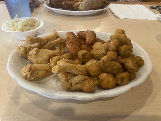 Frog Legs with Okra and Hush Puppies and Sour Coleslaw