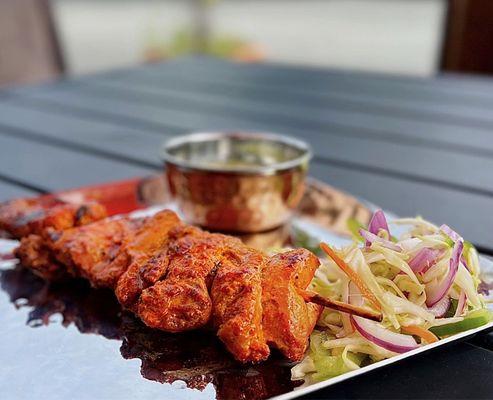 Chicken Tikka Kebab: Spiced marinated boneless chicken skewered & grilled over a lava stone | 2 pc - $14.99 (missing a skewer)