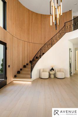 Custom real wood slats in a beautiful entry way in Calabasas.