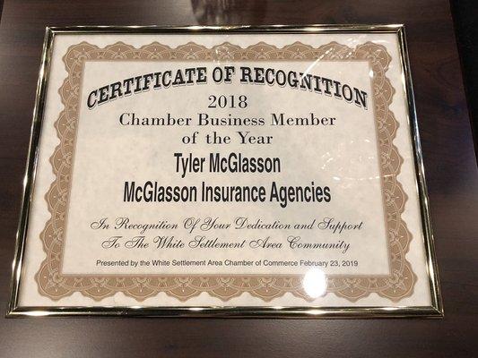 Congrats to Tyler McGlasson for being awarded the 2018 Chamber Business Member of the Year by the White Settlement Chamber of Commerce!