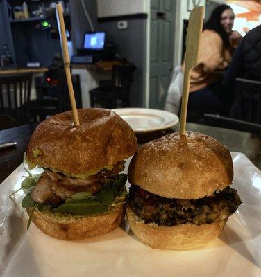 Slider duo. Pork Belly and Black Bean "burger" (more like sloppy joe). Not bad, but take a pass on these for the bison burger!