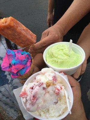 Paleta fruta con Chile,Cotton Candy ice cream cone  Scoop of Coconut with Stawberries & Cream in a cup Lemon ice cream