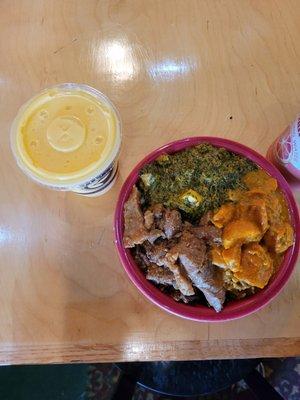 Palak paneer, yam tikamasala, and braised pork with a mango lassi