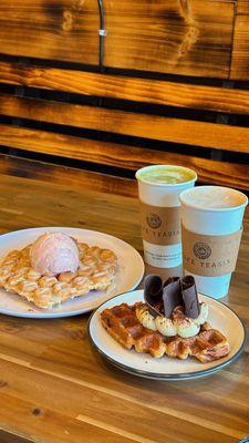 Bubble Waffle, Chocolate Croffle, Matcha Latte, White Mocha