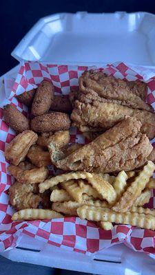 2 Item Seafood Combo (Fried Only) which included : Fried Whiting Fillet (Fried Only), Seasoned Fries, Hush Puppies (6), and 6 Fried Shrimp.