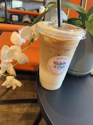 Iced whole milk Latte with Sugar Free 'Monin' Almond Syrup!!  Try it with a splash of COCONUT syrup and Chocolate for an Almond Joy!!!