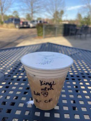 King Cake Iced Latte with Almond Milk and King Cake Cold Foam