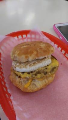 Sausage, egg, and cheese on a biscuit.