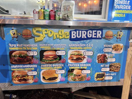 Sponge Burgers Menu