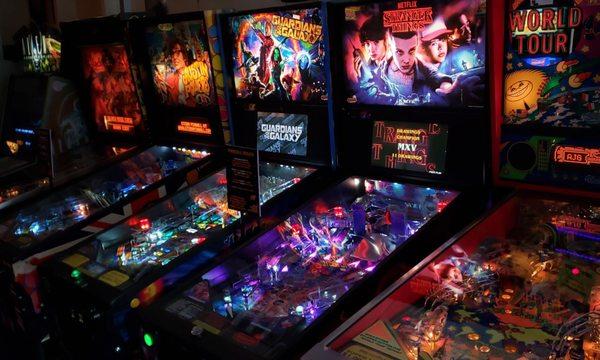 Pinball tables (L-R): Black Rose, Austin Powers, Guardians of the Galaxy, Stranger Things, and Al's World Tour