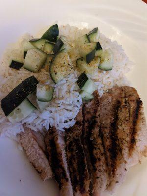 Lemon Pork Chops and those yummy cucumbers over my rice.